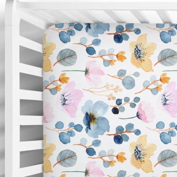 Orange and Blue Floral Fitted Crib Sheet - Coco + Moss