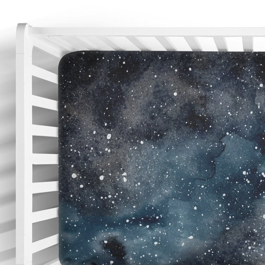 Fitted Crib Sheet in Gray Galaxy Print