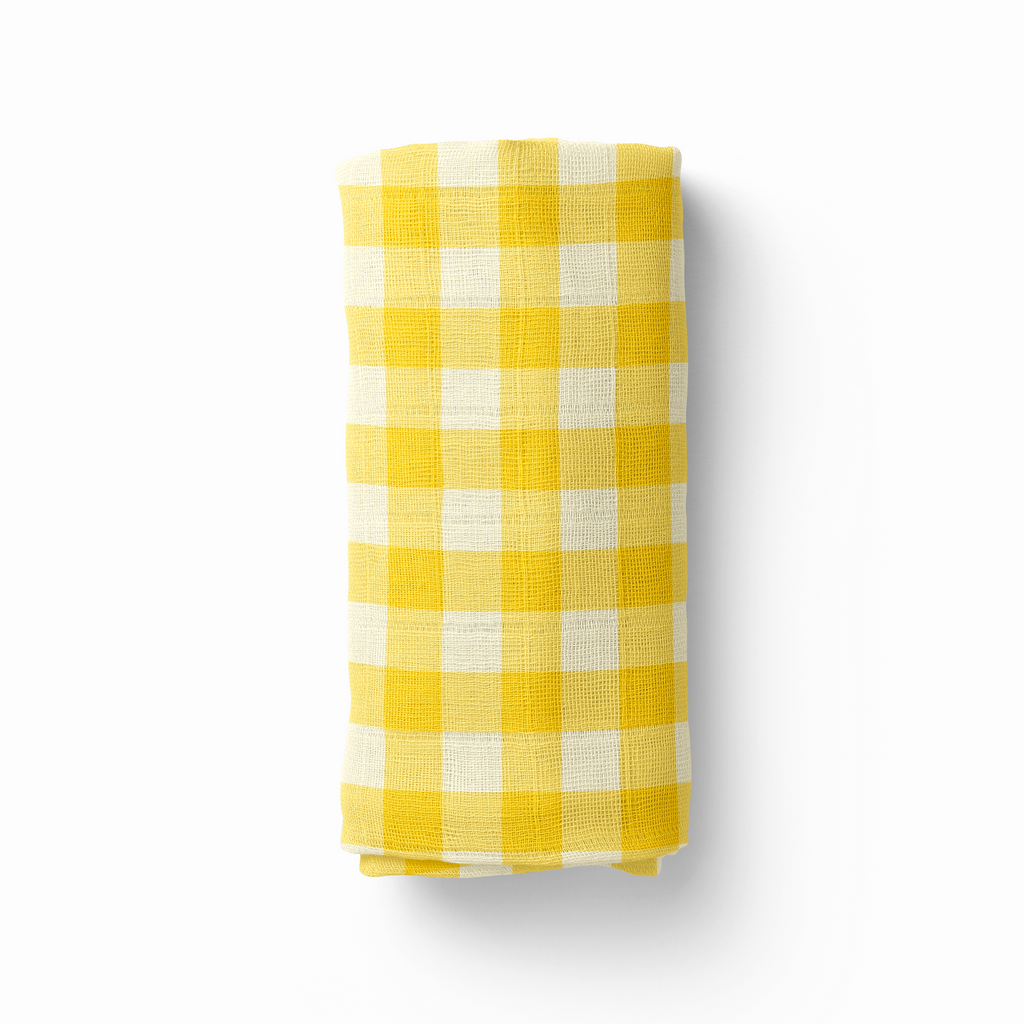 Stretchy Baby Swaddle Blanket in Yellow Farmhouse Gingham Print
