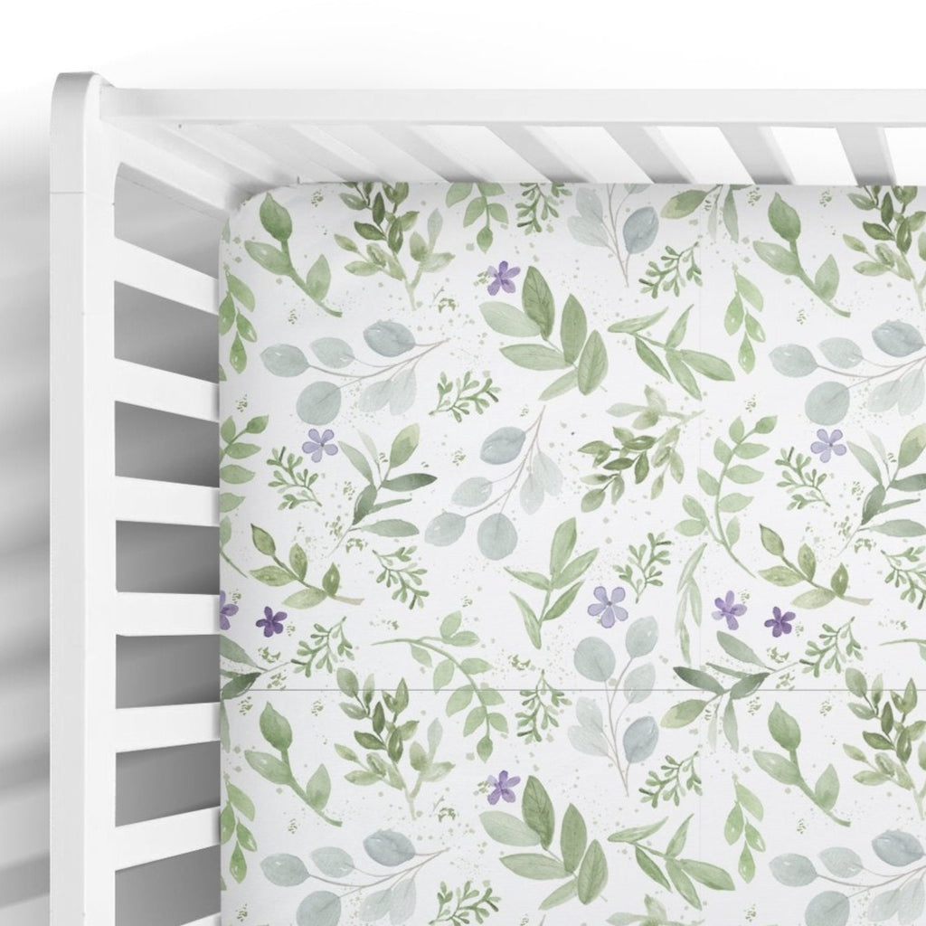 Cotton Muslin Fitted Crib Sheet in Eucalyptus and Lavender Print