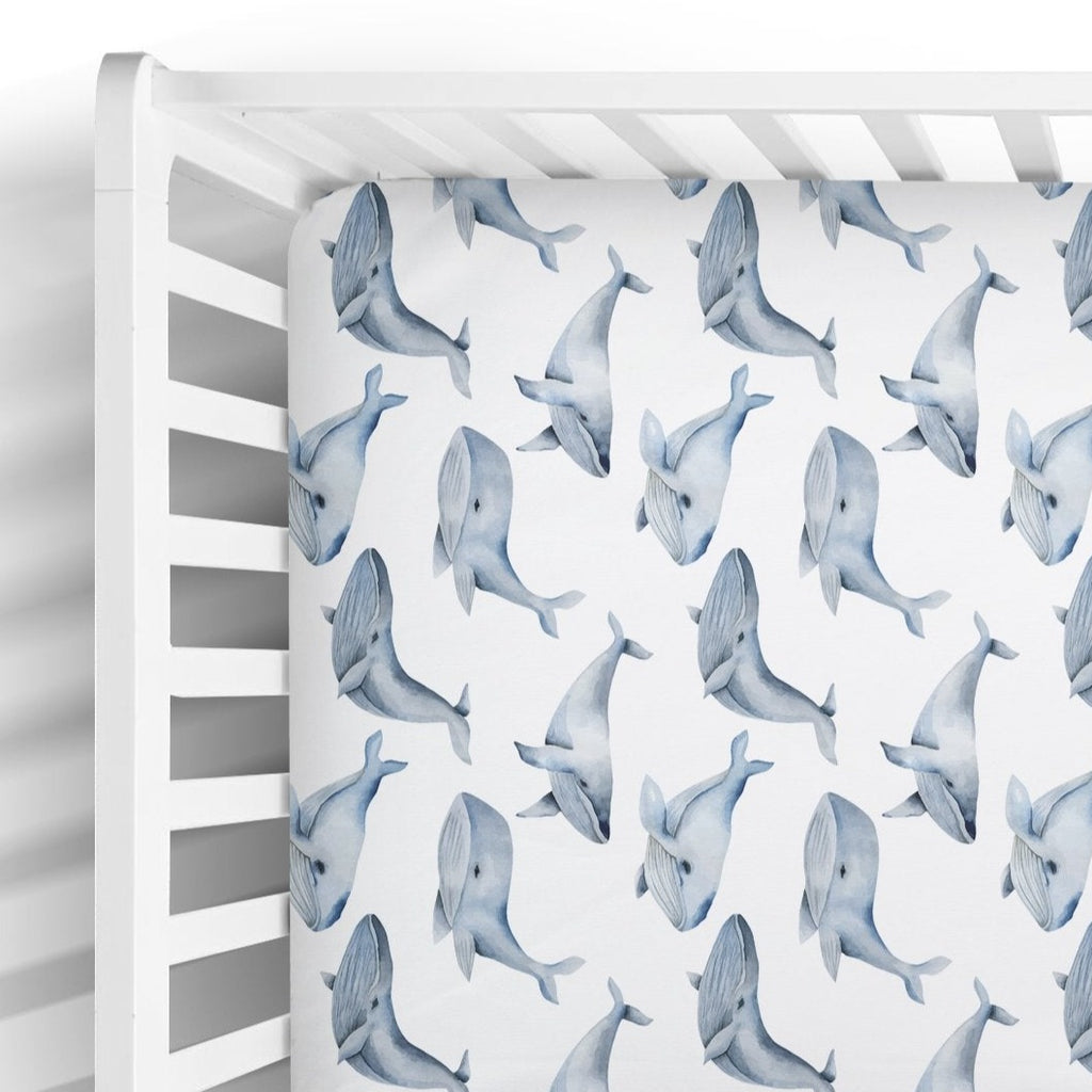 Cotton Muslin Fitted Crib Sheet in Blue Whale Print