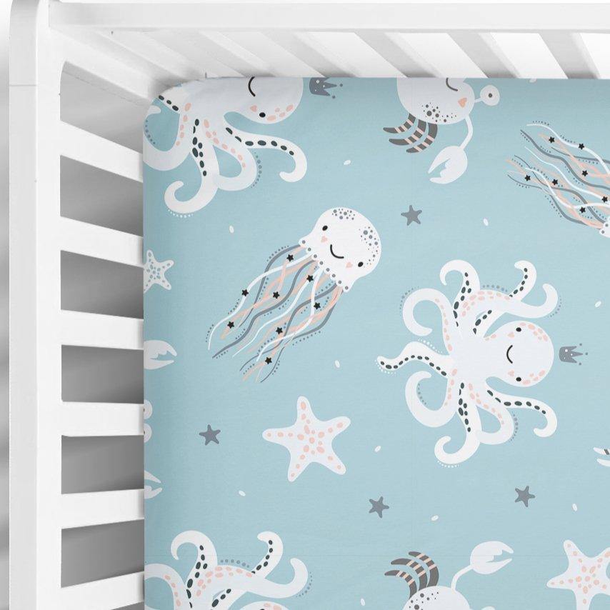 Blue Octopus Fitted Crib Sheet - Coco + Moss