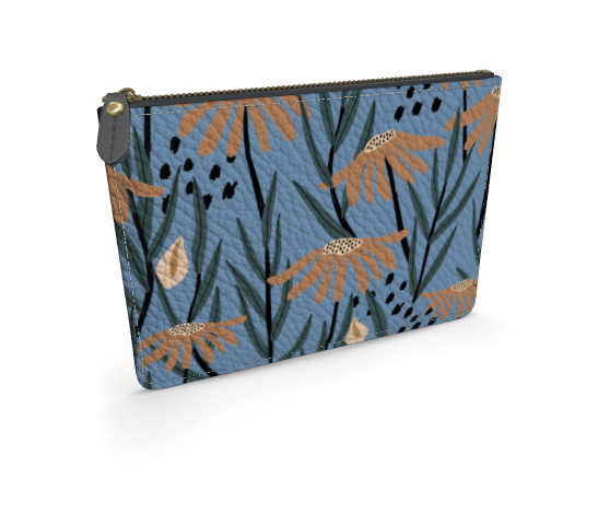 Thin Leather Diaper Clutch in Blue Gray Daisies